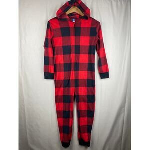 Old Navy Buffalo Plaid Hooded One-Piece Pajama Kids sz L 10/12 Boys/Girls Zip Up